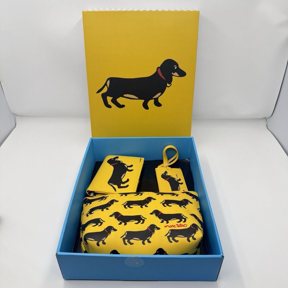 Marc Tetro Dachshund Gift Set 3pc Cosmetic Bag Luggage Tag Passport NIB